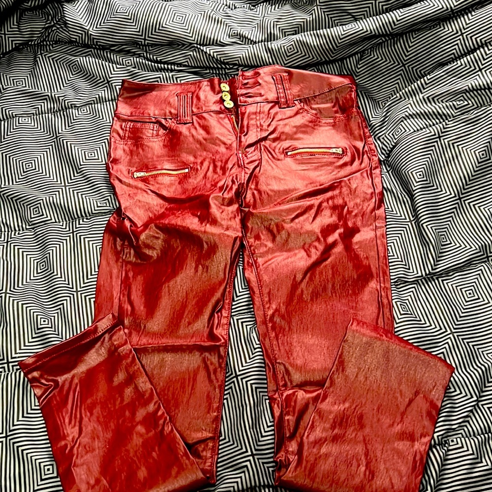 Red pleather pants